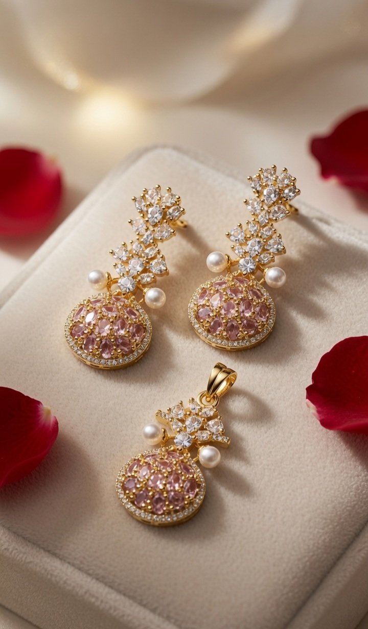 Luxury Pink Sapphire Style Medallion Jewelry Set With Pearl Accent-Gold Finish