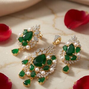 The Rajkumari Emerald Pear-Cut Quartz Pearl Pendant Set-Gold Finish