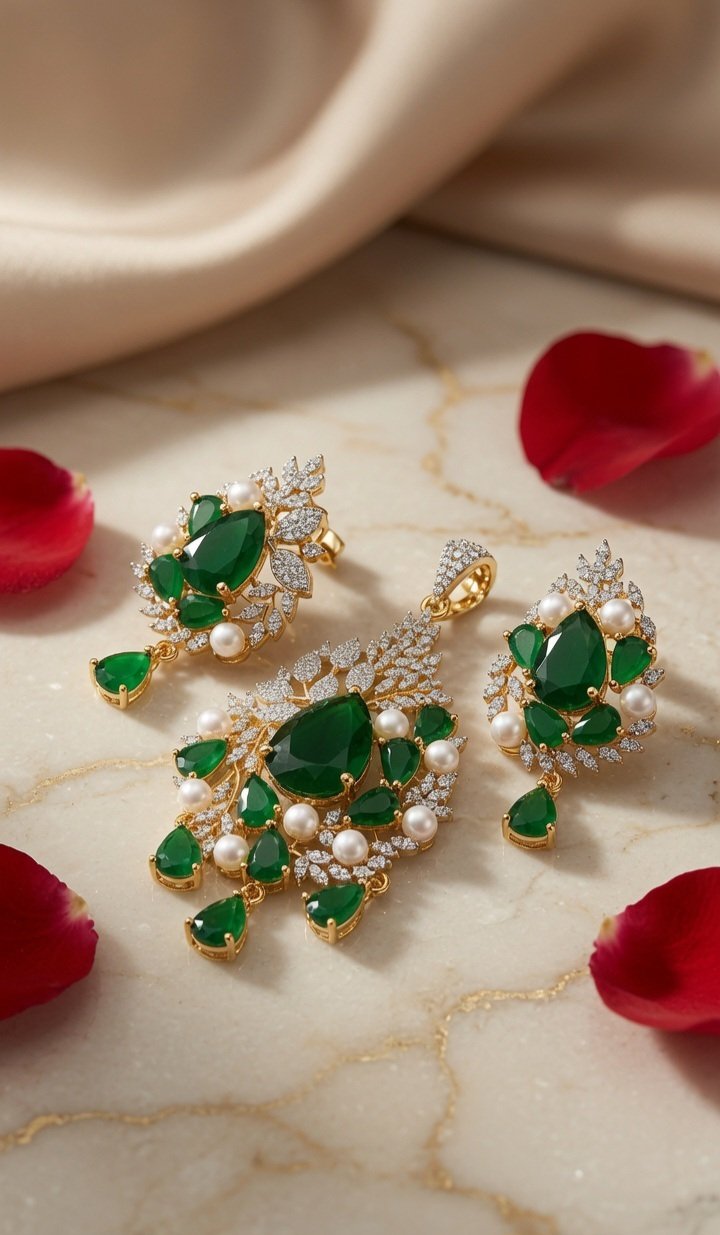 The Rajkumari Emerald Pear-Cut Quartz Pearl Pendant Set-Gold Finish