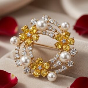 The Aurelia Sunflower Golden Topaz And Peral Wreath Brooch-Gold Finish