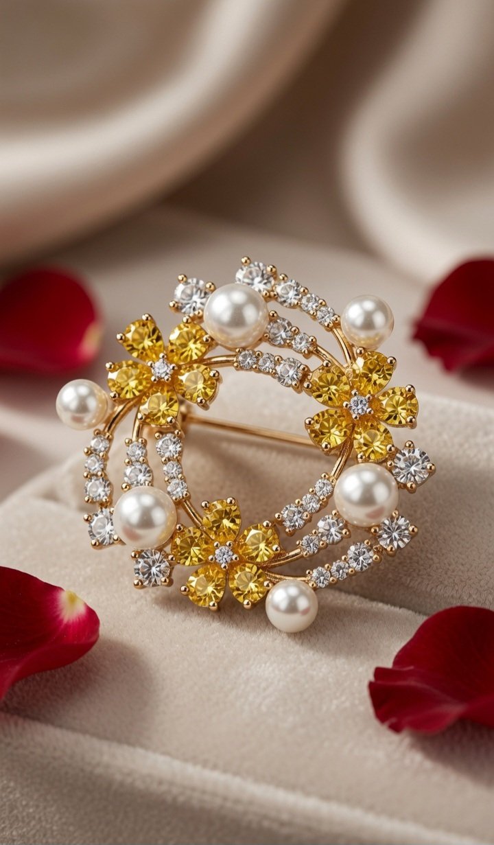 The Aurelia Sunflower Golden Topaz And Peral Wreath Brooch-Gold Finish