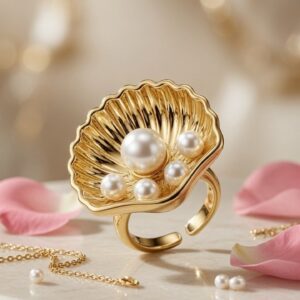 The Aphrodite Seashell Pearl Statement Adjustable Ring-Gold Finish