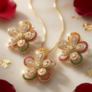 Prismatic Petals Multi-Gemstone Floral Zirconia Pendant Set-Gold Finish