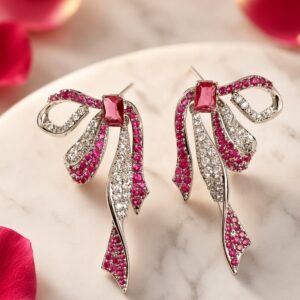 The Sovereign Ruby And Diamond Sculpted Ribbon Bow Earrings-Platinum Finish