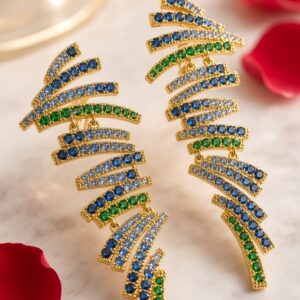 Aura Peacock Sapphire And Emerald Tone Geometric Earrings-Gold Finish