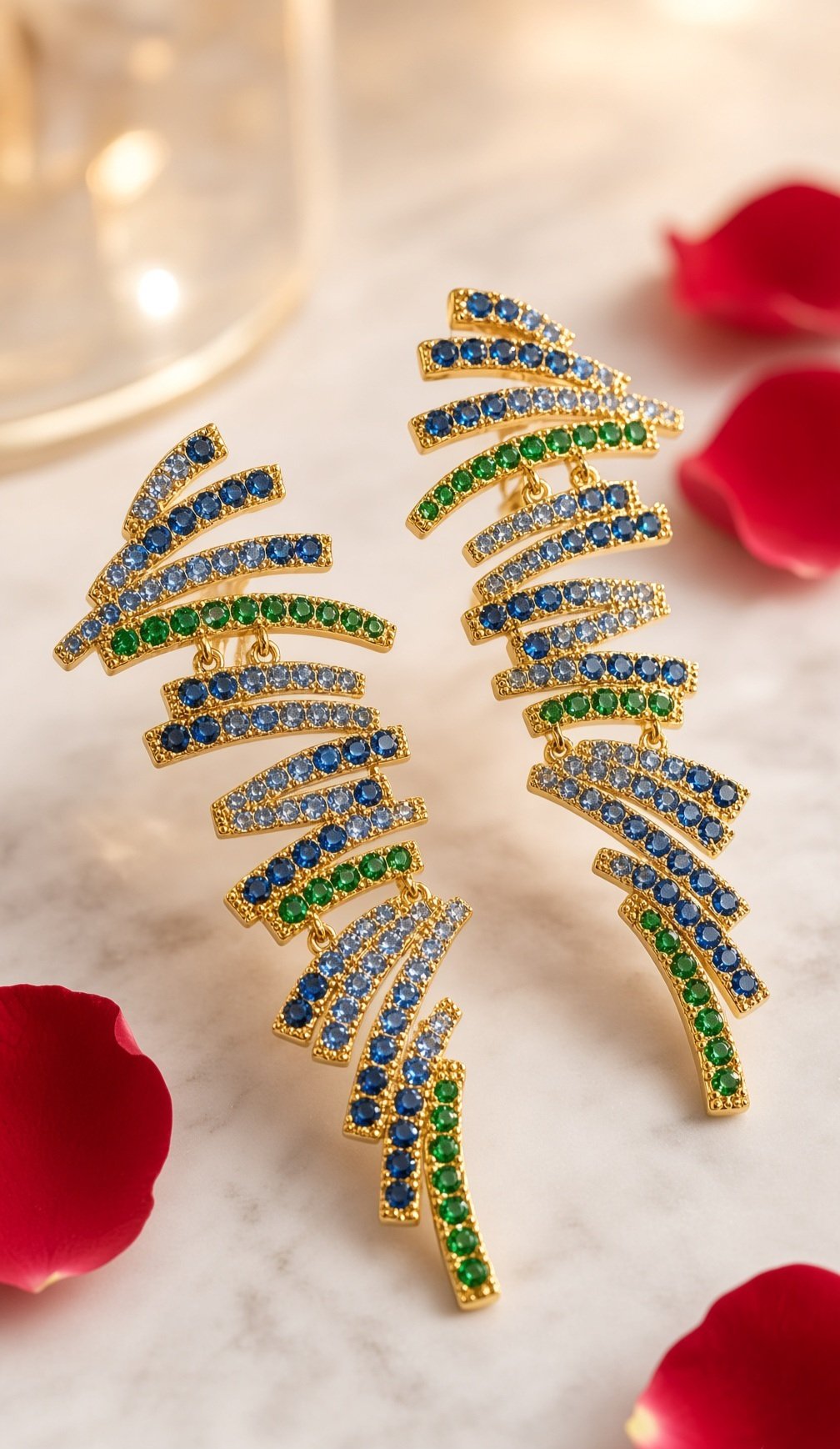 Aura Peacock Sapphire And Emerald Tone Geometric Earrings-Gold Finish