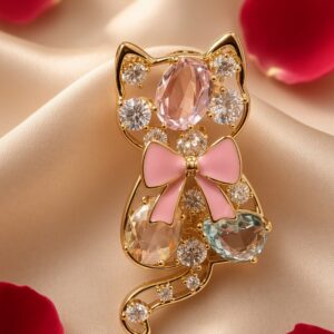 Celeste Kitty Royal Morganite And Enamel Bow Brooch-Gold Finish