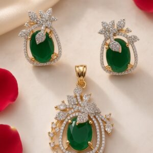 Majestic Deep Green Oval Gemstone Pendant Set-Gold Finish