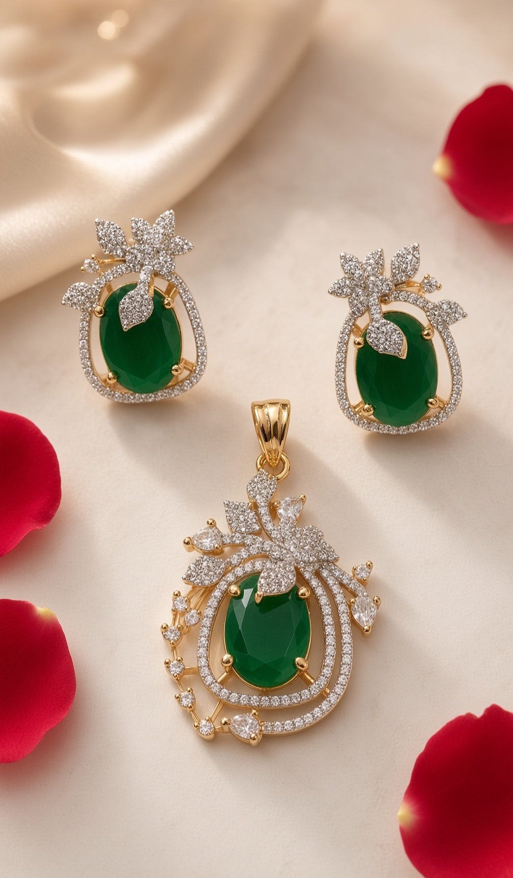 Majestic Deep Green Oval Gemstone Pendant Set-Gold Finish