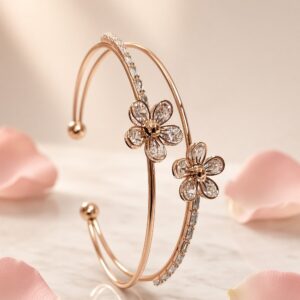 Aurelia Twin Flora Open Cuff Statement Kada Bracelet- Rose Gold Finish