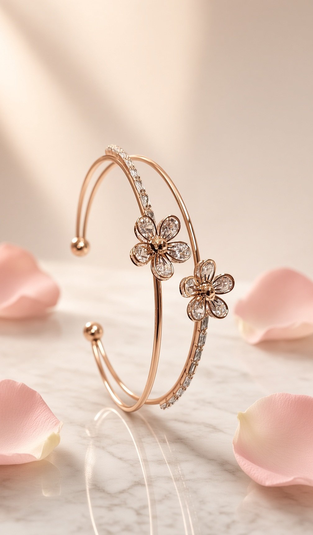Aurelia Twin Flora Open Cuff Statement Kada Bracelet- Rose Gold Finish