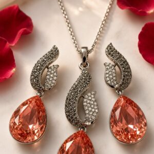 Royal Sinuous Micro-Pavè And Coral Peach Pendant Set-Black Rhodium Finish