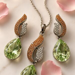 Imperial Flame Mint And Rust Micro-Pavè Pendant Set-Black Rhodium Finish