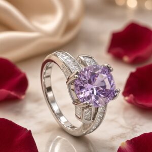 Lavende Amethyst Oval Baguette Channel-Set Adjustable Ring-Platinum Finish