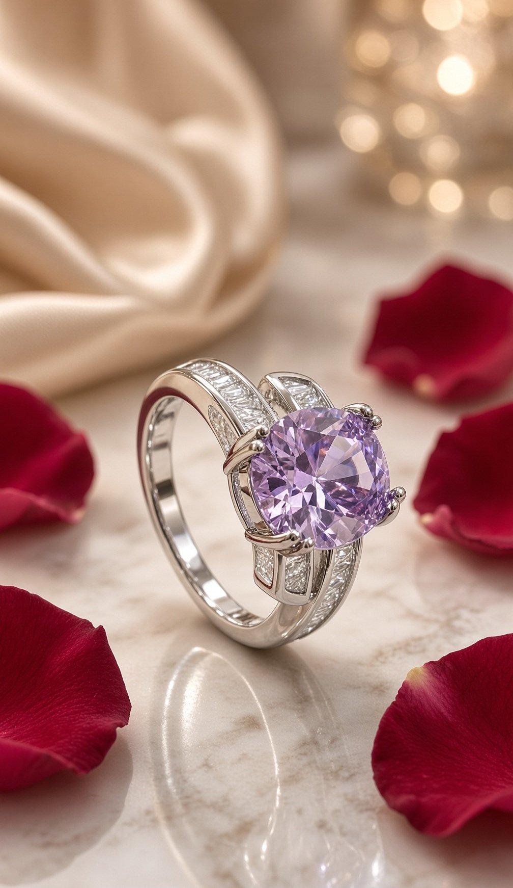 Lavende Amethyst Oval Baguette Channel-Set Adjustable Ring-Platinum Finish
