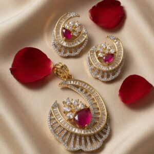 Golden Bloom Ruby Red Pendant Set - Golden Finish