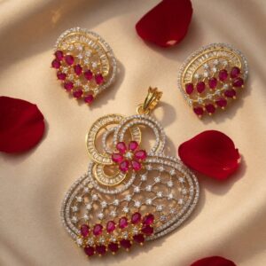 Majestic Aura Ruby Red Pendant Set - Golden Finish