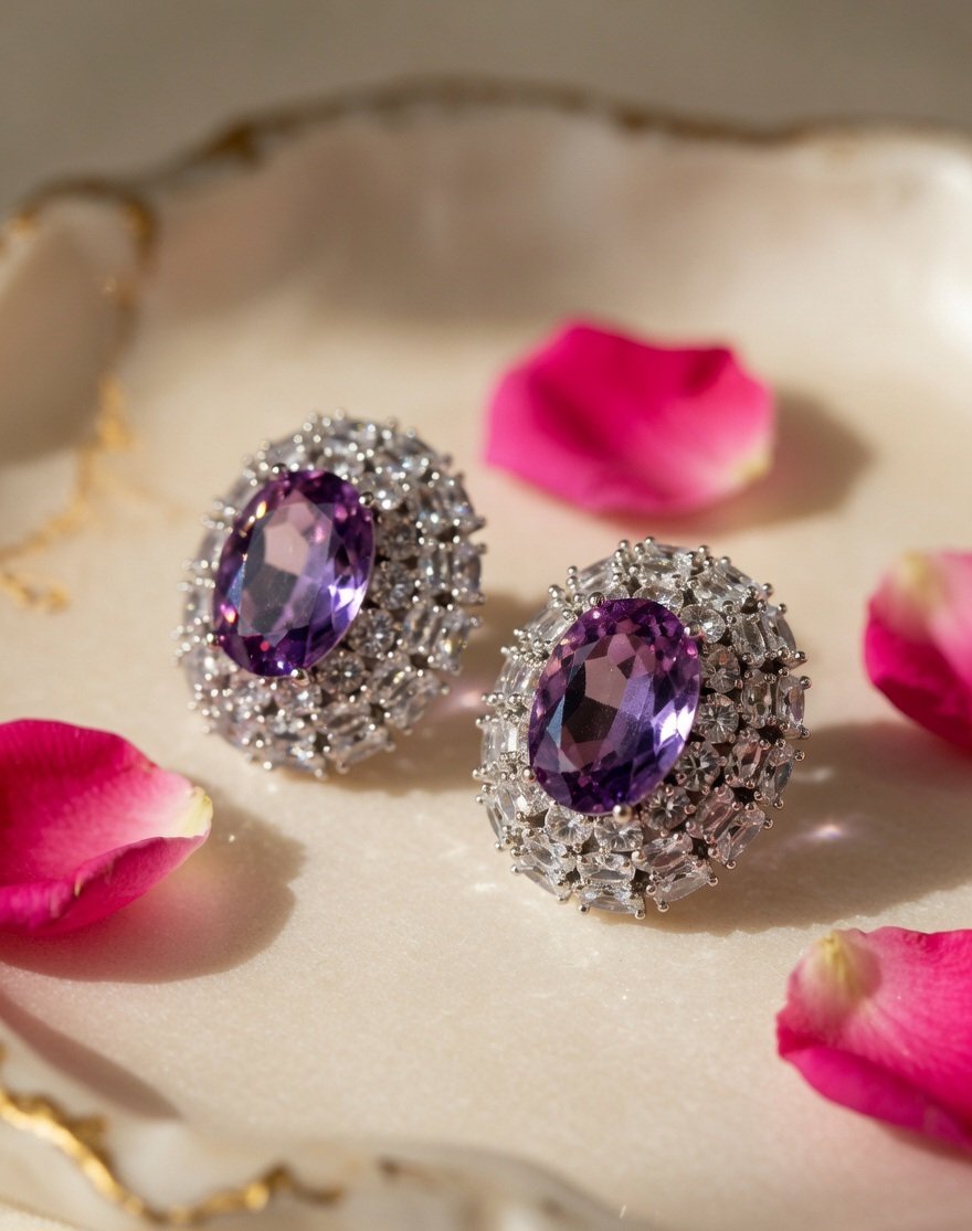 Amethyst Royale Halo Earrings-Platinum Finish - Image 2