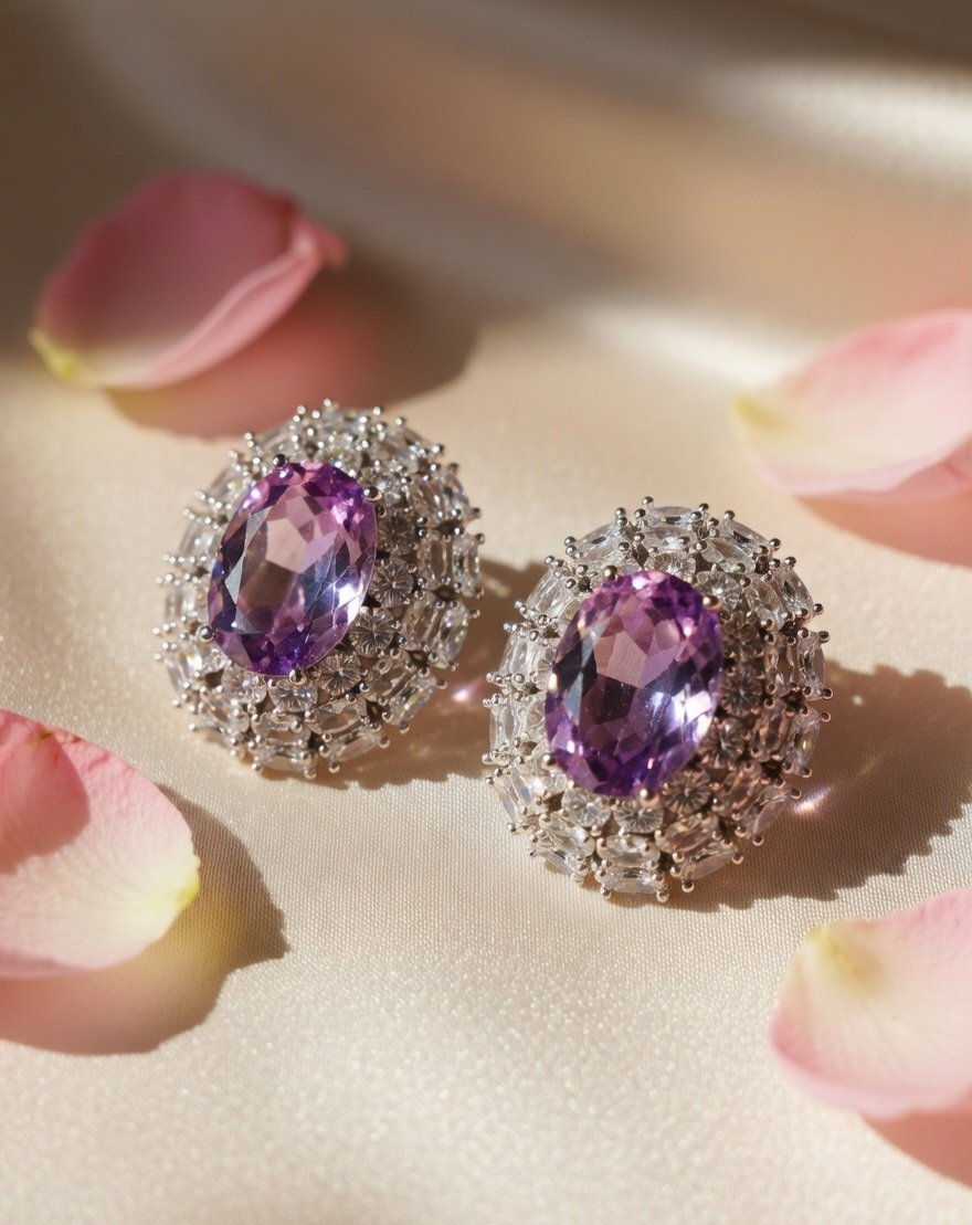 Amethyst Royale Halo Earrings-Platinum Finish