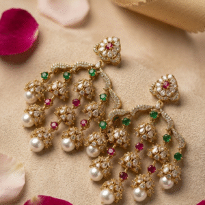 Noor Mahal Pearl Chandelier Earrings-Gold Finish