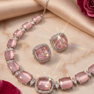 Penelope Luxury Cushion-Cut Pastel Pink Quartz Necklace Set-Platinum Finish