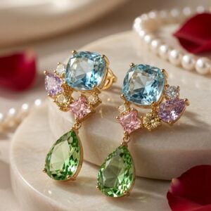 Sorrento Multi-Gemstone Pastel Blue Topaz And Peridot Drop Earrings-Gold Finish
