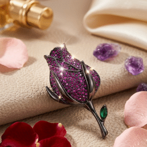 The Midnight Orchid Rosebud Amethyst And Emerald Gothic Flower Magnet Brooch-Black Rhodium Finish