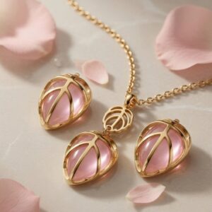 Blush Leaf Fluer Rose Quartz Botanica Pendant Set-Gold Finish