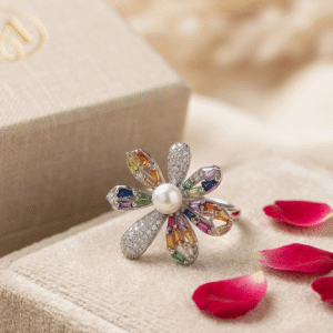 The Prism Blossom Pearl Rainbow Baguette Statement Adjustable Ring-Platinum Finish