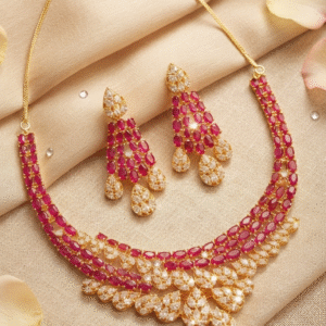 Scarlet Aura Tiered Ruby Choker With Marquise Crystal Drop-Gold Finish
