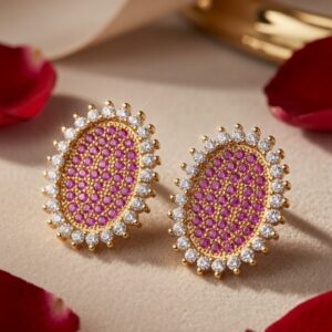 The Mirabella Pink Sapphire Oval Halo Studs-Gold Finish