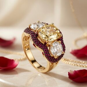 The Valencia Champagne Three-Stone Ring With Yellow Critine-Style And Ruby Accents-Gold Finish