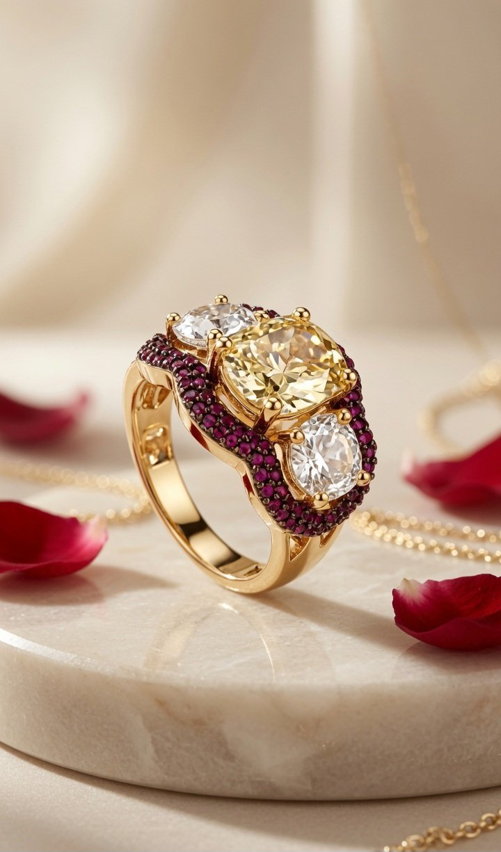 The Valencia Champagne Three-Stone Ring With Yellow Critine-Style And Ruby Accents-Gold Finish