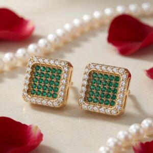 Sienna Emerald Green And Pavè Geometric Halo Studs-Gold Finish