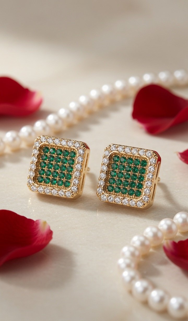 Sienna Emerald Green And Pavè Geometric Halo Studs-Gold Finish