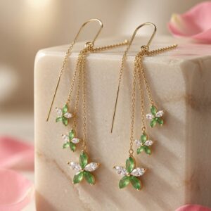 Peridot Crystal Blossom Olivine Tiered Floral Sui Dhaga Earrings-Gold Finish