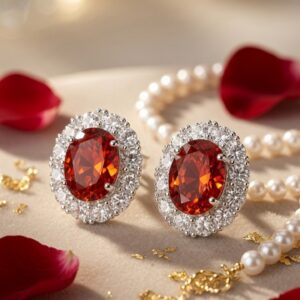 The Royal Amber Oval Spessartite Red  Oval Studs-Platinum Finish
