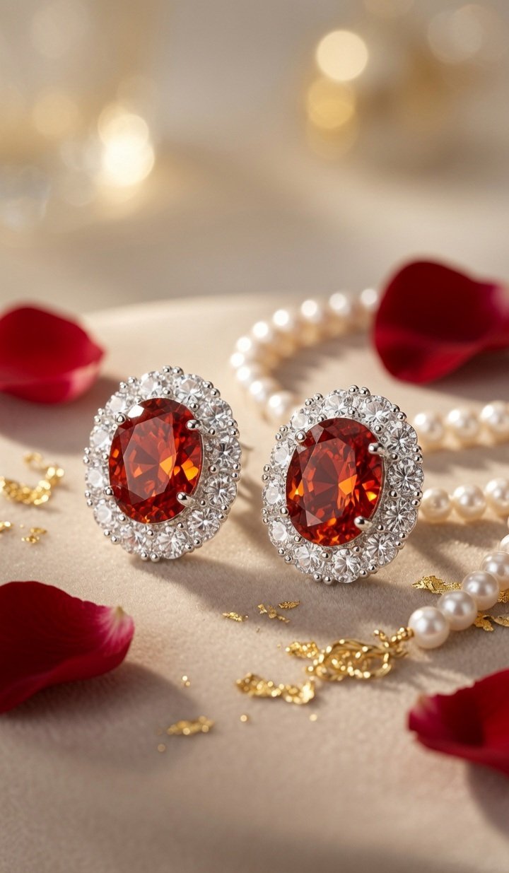 The Royal Amber Oval Spessartite Red Oval Studs-Platinum Finish