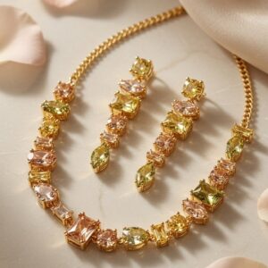 The Solstice Multi-Cut Champagne Gemstone Necklace Set-Gold Finish