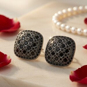 The Onyx Lattice Cushion Black Spinel Geometric Studs-Black Rhodium Finish