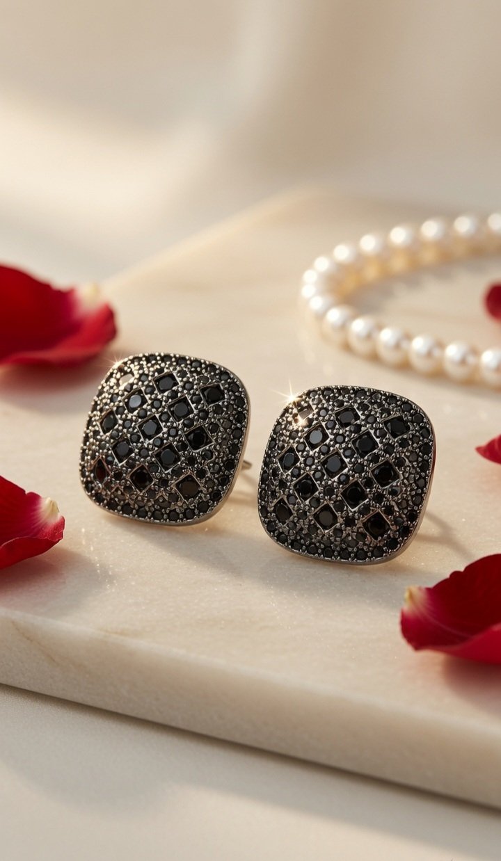 The Onyx Lattice Cushion Black Spinel Geometric Studs-Black Rhodium Finish