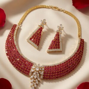 Scarlet Prism Geometric Ruby And Marquise Mosaic Choker Set-Gold Finish
