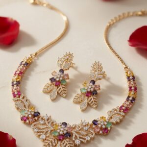 The Imperial Prism Rainbow Pavè Leaf Zirconia Choker Set-Gold Finish