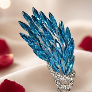 The Cerulean Crest Blue Ocean Feather Wing Statement Brooch-Platinum Finish