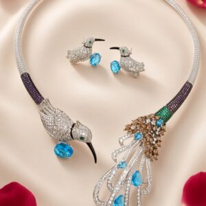 The Eden Hummingbird Aquamarine Torque Necklace And Earrings-Platinum Finish