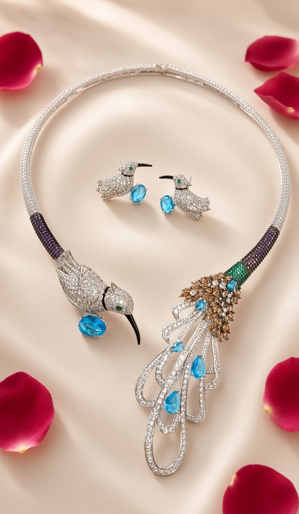 The Eden Hummingbird Aquamarine Torque Necklace And Earrings-Platinum Finish
