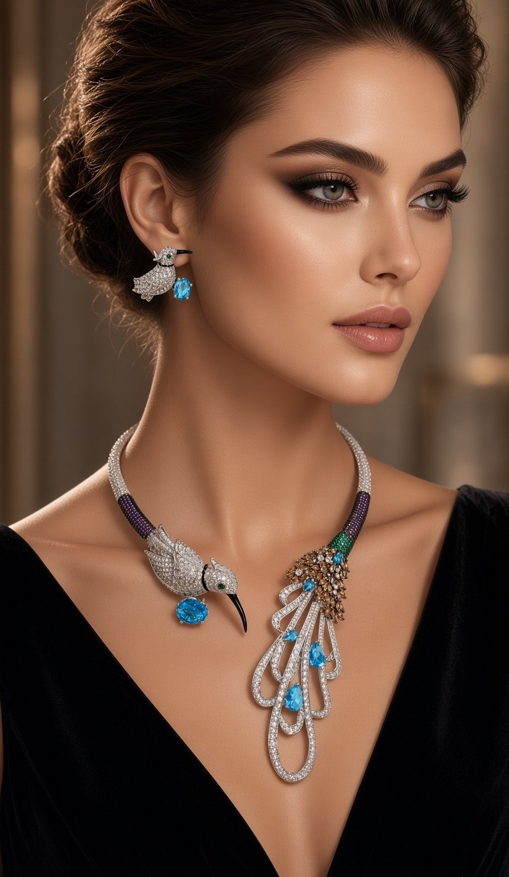 The Eden Hummingbird Aquamarine Torque Necklace And Earrings-Platinum Finish - Image 2
