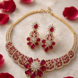 The Royal Ruby Floral Lattice Choker Set-Gold Finish
