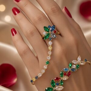 Iris Multi-Gemstone Gemstone Flower And Leaf Haathphool Bracelet-Gold Finish