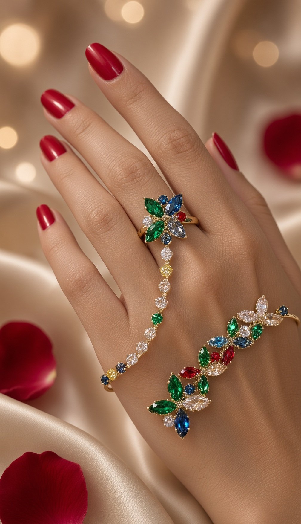 Iris Multi-Gemstone Gemstone Flower And Leaf Haathphool Bracelet-Gold Finish